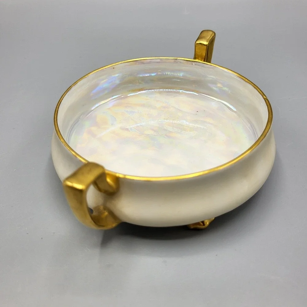 Prov Saxe Germany Trinket Dish Set Vintage Lusterware Gold Trim Footed White